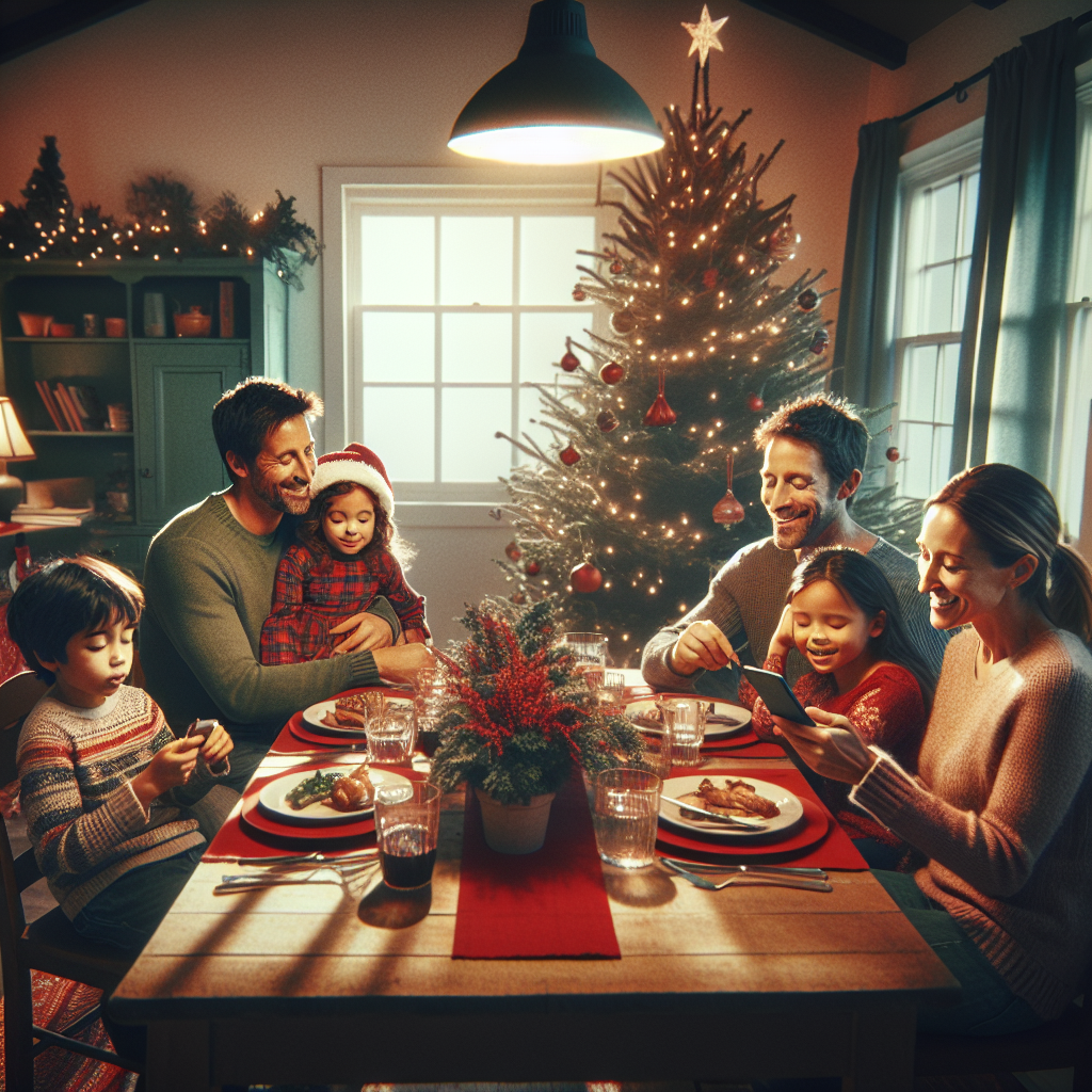 Familia reunida celebrando Navidad sin dispositivos móviles